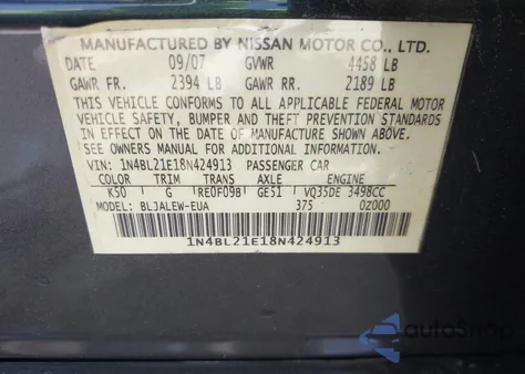 2008 Nissan Altima 3.5 Sl z USA, uszkodzony, nr VIN 1N4BL21E18N424913